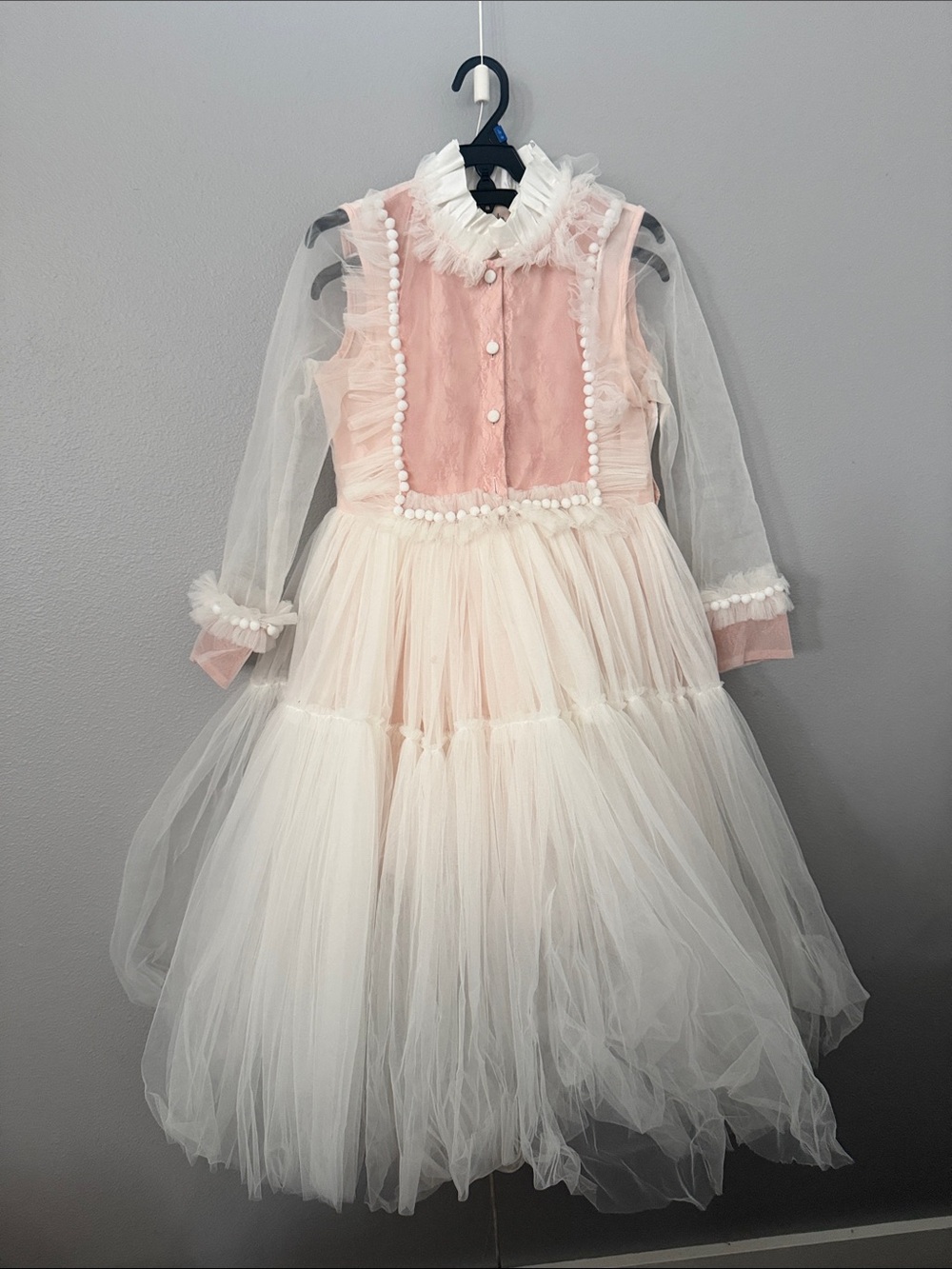 Girls Pink and Cream Tulle Dance Costume with Ruffled Collar